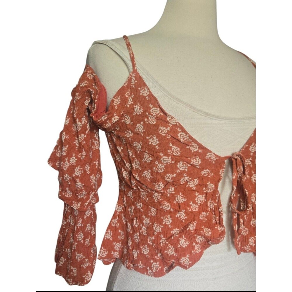 Honey Belle Rust Floral Tie-Front Crop Top Boho Bell Sleeve - M